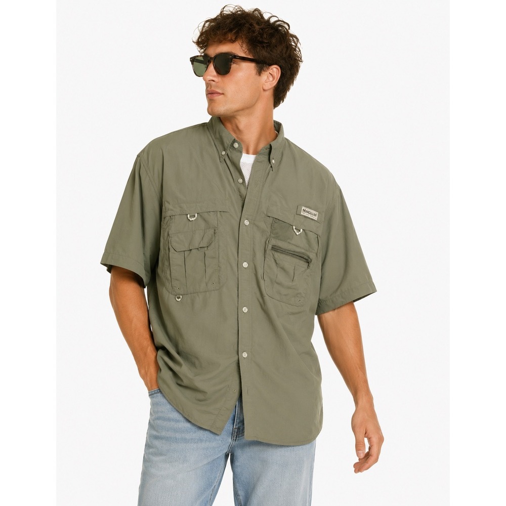 Magellan Fishing Shirt Mens Large Olive Green Short Sleeve Vented Utility Angler